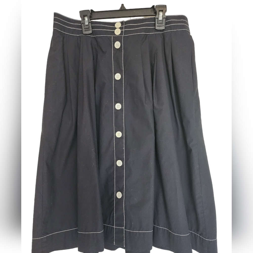 Talbots black cotton button front white top stitching Skirt SZ 10 Petite